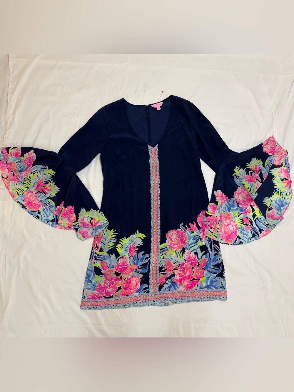Lilly Pulitzer Rosalia 100% Silk Bell Sleeve Shift Dress Size 4